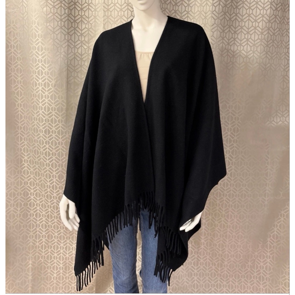 Talbots 100% Lambswool Cape Shawl Wrap Black Fringe Edge One Size Made in Italy